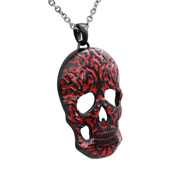 Red Design Skull SST Necklace Black Ion Plating - Picture 2 of 5